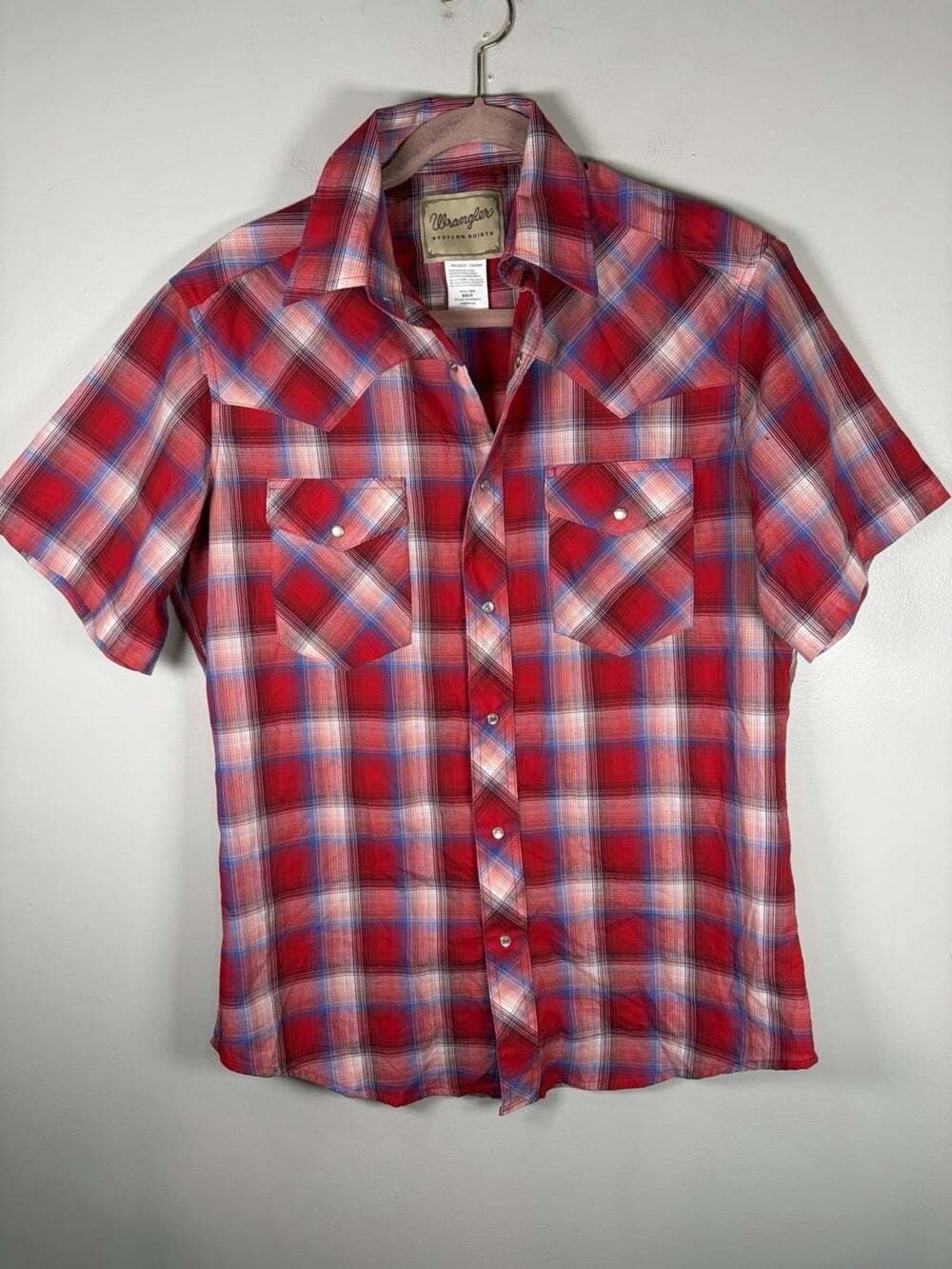 Wrangler Pearl Snap Plaid Shirt Size Medium Red Western Cowboy Ranch